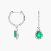 Aurora Charm Pear Shaped Lab Green Emerald and Diamond Halo Drop Earrings Gold